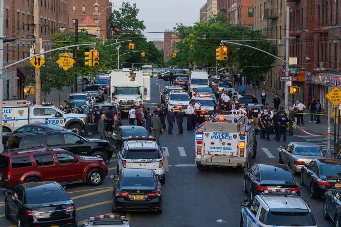 Police vehicles and officers block a city street during an active scene