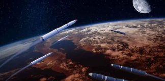 Multiple rockets streak above Earth with the Moon in the background