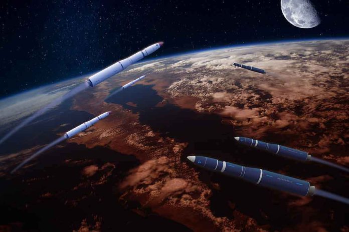 Multiple rockets streak above Earth with the Moon in the background