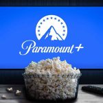 California Leashes A Media Giant Glass bowl of popcorn in front of Paramount+ on TV