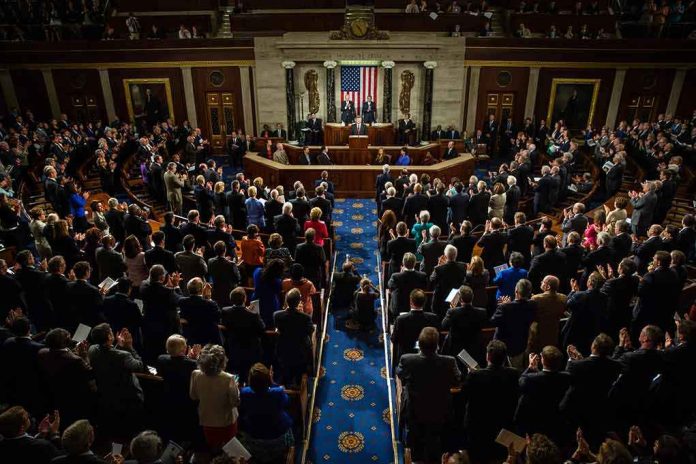 Legislative chamber audience stands and applauds