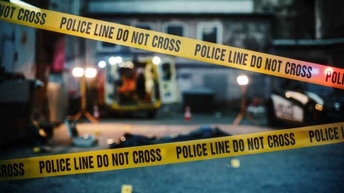 shutterstock_2230645565 police tape cordons off a dimly lit crime scene alley