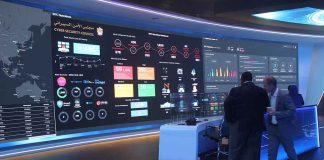 cybersecurity operations room with large data dashboards and people discussing
