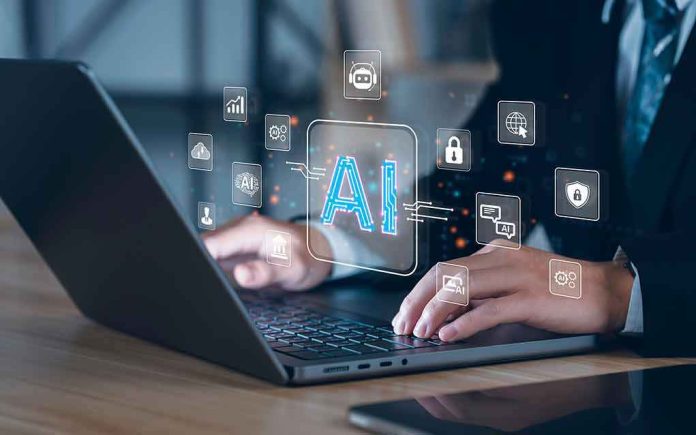 Hands typing on laptop with AI and tech icons overlay