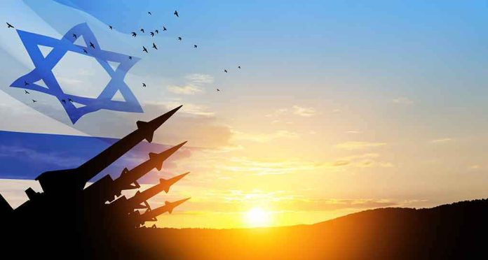 shutterstock_2373954301 Israeli flag with silhouetted missiles at sunset