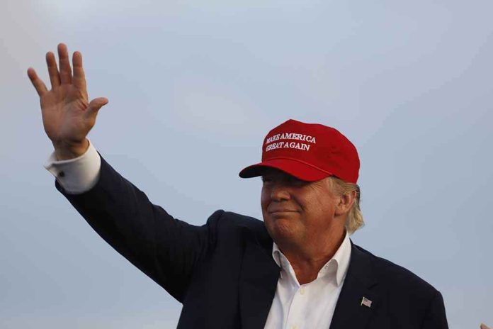 shutterstock_318051209 Donald Trump waving in a red cap