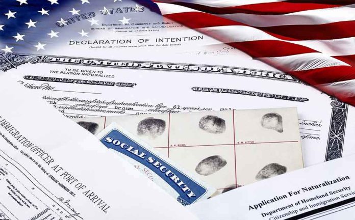 shutterstock_409680562-1 U.S. immigration and naturalization documents with American flag