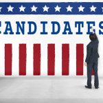 Man in suit writing on wall with word candidates and patriotic design