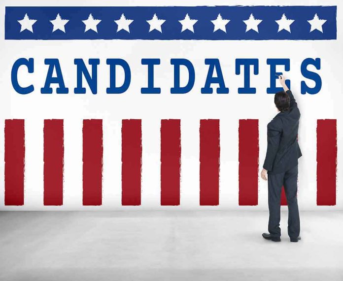 Man in suit writing on wall with word candidates and patriotic design