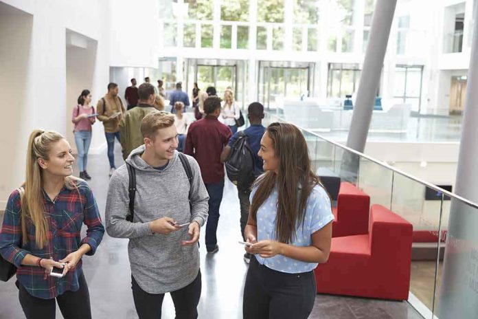 shutterstock_478513864 Students walking and talking in a bright campus atrium