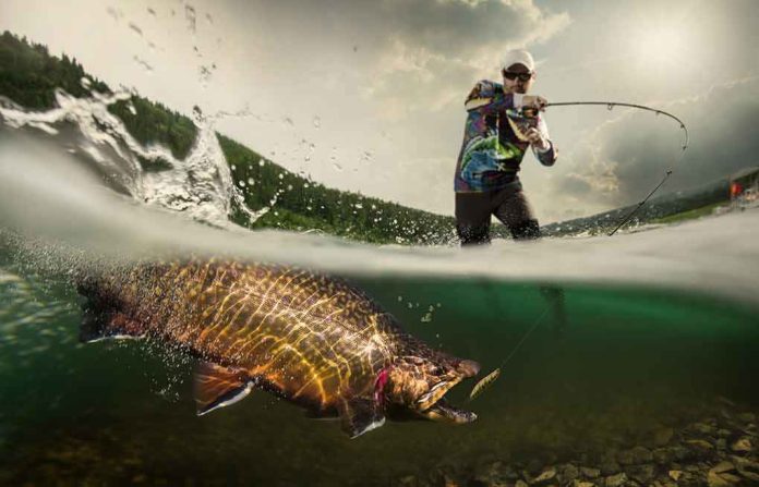 shutterstock_485160259 angler fighting a large fish in a split-level water shot