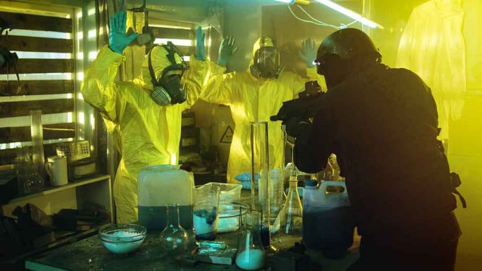 shutterstock_729057004 armed officer confronts people in hazmat suits inside a lab
