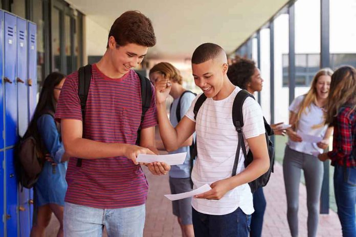 Two students smiling and comparing papers in a school hallway