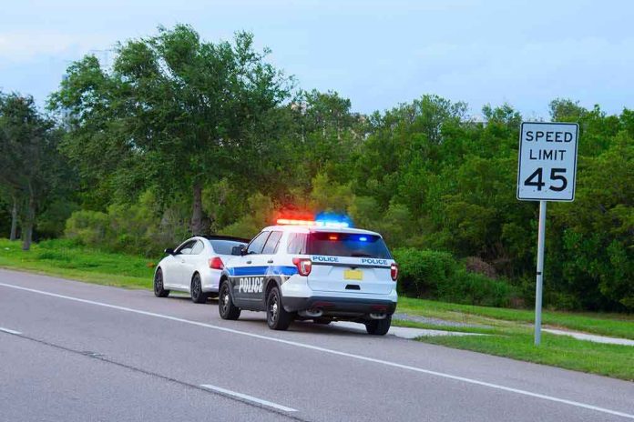 shutterstock_738975676 Police SUV with lights on behind a white car on roadside near 45 mph sign
