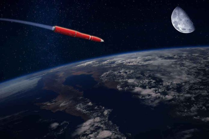 Red rocket flying above Earth toward the Moon