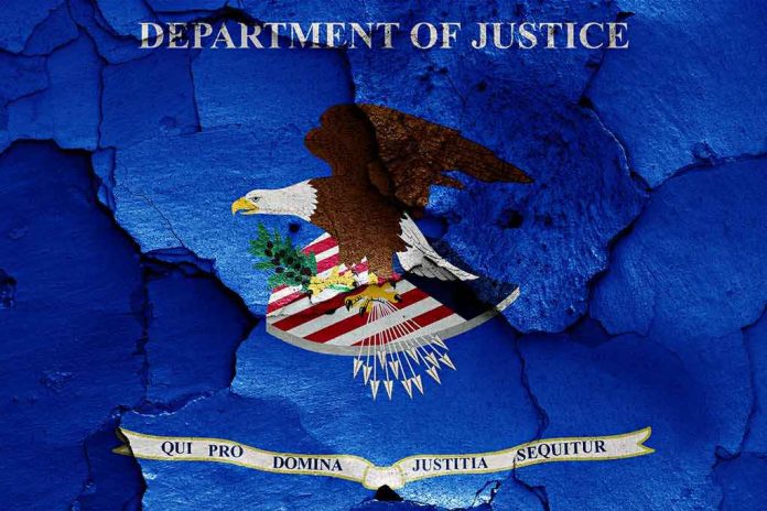 Department of Justice emblem with eagle on blue cracked texture