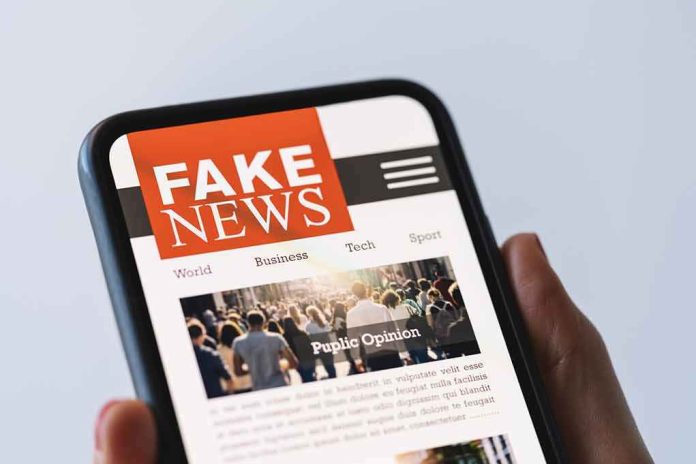 shutterstock_1714069345 Smartphone showing a news site with a bold fake news banner